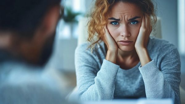Woman with a frustrated expression during a counseling session, representing the journey of anger management