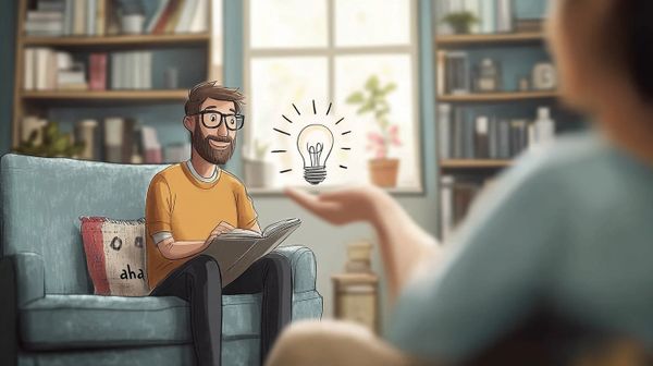 Illustration of a therapist sharing a lightbulb moment with a client during a cognitive behavioral therapy session