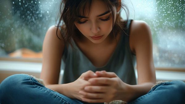 Young woman looking downward with a thoughtful expression, representing the experience of depression
