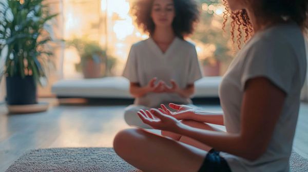Two women practicing mindfulness meditation together in a warm, peaceful setting