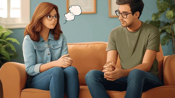 Illustration of two people sitting together discussing anxiety and stress in a therapy setting